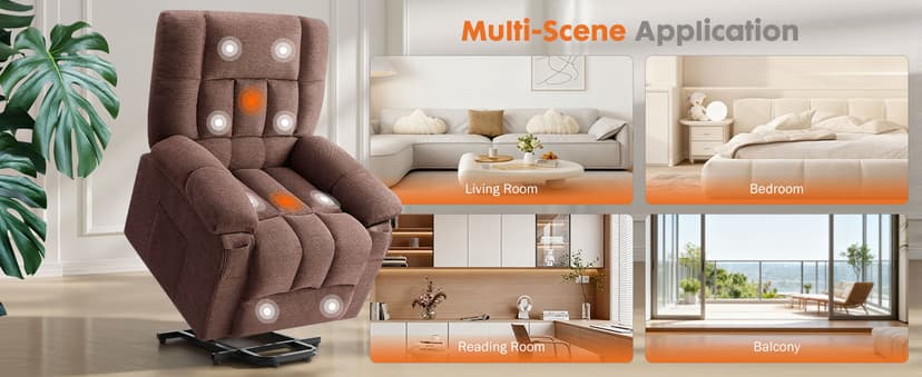 Sweetcrispy Power Lift Recliner Chair with Vibration Massage and Heat for Adults, Ergonomic Overstuffed Breathable Fabric Reclining Chair with Side Pockets, Remote Control, Living Room, Bedroom, Brown
