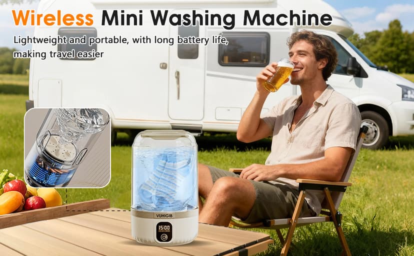 Portable Washing Machine, 7000mAh Rechargeable Wireless Washer with 10 PCS Clothespins Deep Cleans Baby Clothes Underwear Socks Delicates 1.5L Mini Washer for Travel Camping Dorm RV Apartment (Khaki)