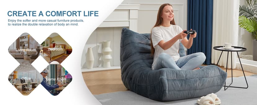 Bean Bag Chairs for Adults Giant Bean Bag Chair Memory Foam BeanBag Chair Bean Bag Sofa with Filler Faux Fur Fireside Beanbags Lazy Sofa for Living Room Bedroom Office (Bluegrey Plush, Single)