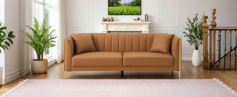 FOTOSOK 78'' Couch Sofa, Modern Leather Couches for Living Room, Comfy, Faux Leather Sofa 3 Seater Sofa with 2 Throw Pillows and Gold Metal Legs, Deep Seat Sofas (Brown)