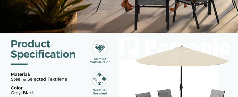 Pamapic Outdoor Dining Sets for 6, Rectangular Steel Slat Table with 6 Textilene Chairs, 7 Piece Patio Table and Chairs Set with Umbrella Hole for Patio, Garden, Backyard and Poolside (Grey)
