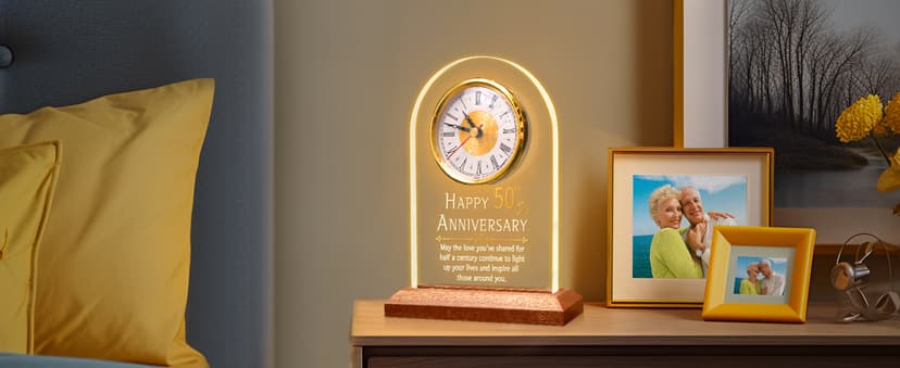 50th Anniversary Wedding Gift, Anniversary Quartz Clock, Desk Table Clock, 50 Years of Marriage, Golden Wedding for Couple, Parents, Grandparents (Wooden Base with LED Light)