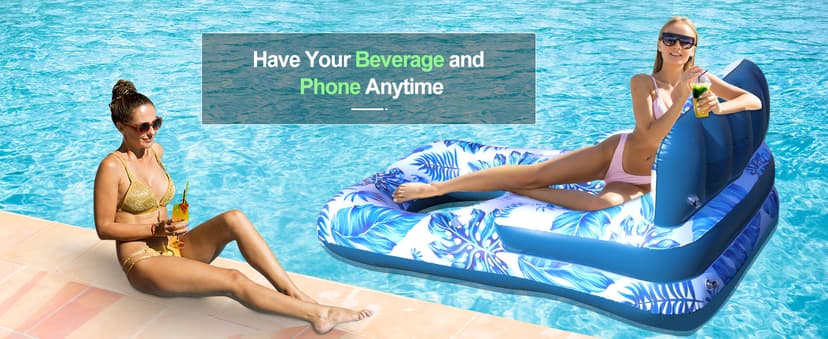 Pool Floats Adult, Pool Floaties with Cup Holder and Phone Holder, Pool Lounger Float with Headrest, Backrest and Footrest, 65" Thicken PVC Inflatable Pool Float for Adult Pool Party Beach Cool