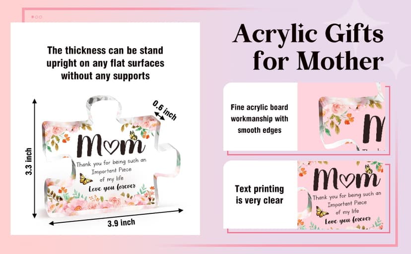 Gifts for Mom - Delicate Mom Birthday Gifts from Daughter Son - Engraved Acrylic Block Puzzle Piece 3.9 x 3.3 inch - Mothers Day Christmas Birthday Gifts for Mom, Ideas