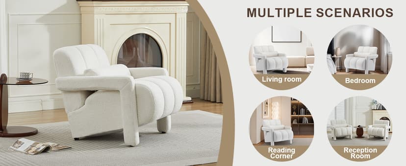 LOULENS Lambswool Accent Chair, Modern Upholstered Sherpa Accent Chair, Comfy Teddy Single Armchair with Pillow for Living Room, Bedroom (Beige, Backrest Under The Cushion)