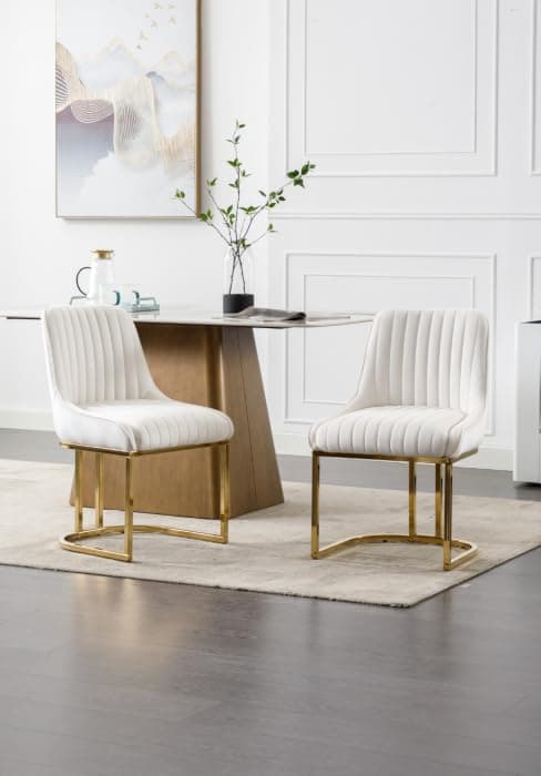 CIMOTA Counter Height Bar Stools Set of 2 with Back Modern Kitchen Counter Stools with Gold Legs Leather Island Chairs Comfy Stripe Barstools for Breakfast Bar, 26 Inch/PU Beige