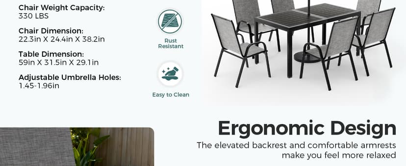 Pamapic Outdoor Dining Sets for 6, Rectangular Steel Slat Table with 6 Textilene Chairs, 7 Piece Patio Table and Chairs Set with Umbrella Hole for Patio, Garden, Backyard and Poolside (Grey)