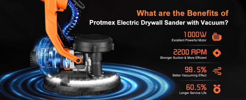 Drywall Sander, 1000W Popcorn Ceiling Removal Tool, Automatic Drywall Sander with Vacuum Dust Collection, LED Light, 6 Variable Speed 800-2200RPM, Foldable & Extendable Handle,15Pcs Sanding Discs