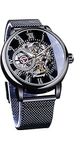 FORSINING Vintage Watch for Men Engraved Automatic Self-Wind Mechanical Big Dial Luminous Moon Phase Golden Hollow Tattoo Pattern Wrist Watches, Mechanical