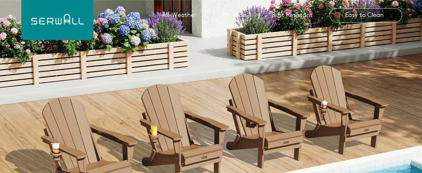 SERWALL Folding Adirondack Chair Set of 2 Outdoor Chairs Painted Adirondack Chair with Cup Holder Weather Resistant for Patio Deck Garden, Backyard Deck, Fire Pit- Brown