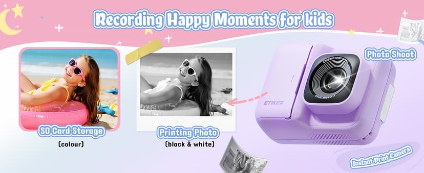 Kids Camera, 1080P Instant Digital Print Camera for Kids, Christmas Birthday Gifts for 4 5 6 7 8 9 10 Year Old Girls Boys, Portable Toy with 32GB SD Card & 3 Rolls Printing Paper, Purple