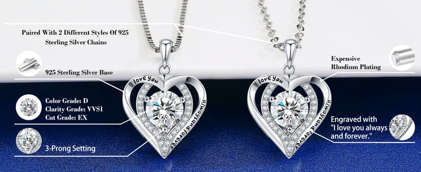 Moissanite Necklace for Women, 1-3 Carat Heart Pendant Necklace, 925 Sterling Silver, Anniversary Present for Wife, Women, Birthday Gifts for Wife, Jewelry Gifts for Christmas, Valentine's Day