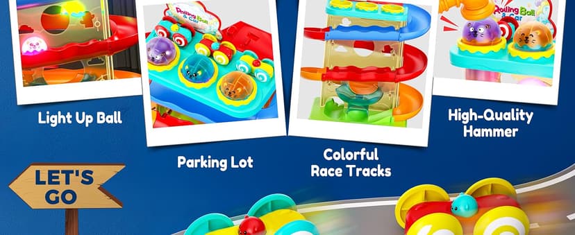 Hammer Rolling Ball, Launch and Race Car-Cause and Effect Sensory STEM Learning Toys for 1-5 Year Old Boys & Girls 2-in-1 Ball Drop & Car Ramp Race Track Montessori Toy for Toddlers Ages 1-5 B0FLDB14N8