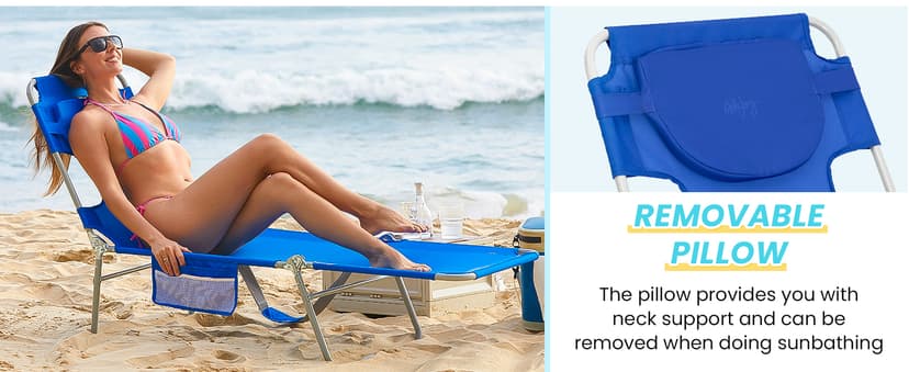 #WEJOY Folding Tanning Chair with Face Hole, 5 Positions Face Down Beach Lounge Chairs with Pillow for Outside Sunbathing Poolside (Blue/White)
