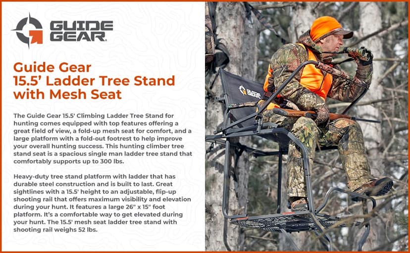 Guide Gear 15.5' Ladder Tree Stand for Hunting with Mesh Seat, Hunting Gear, Equipment, and Accessories