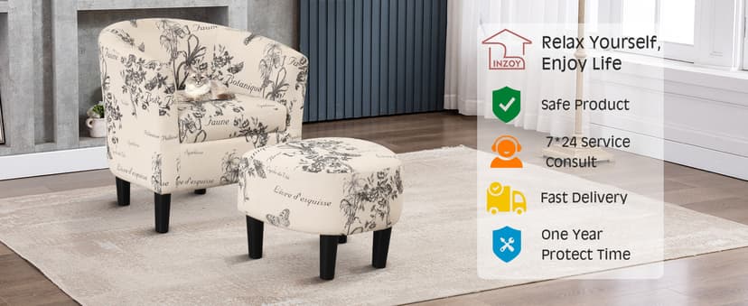 INZOY Modern Accent Chair with Ottoman for Small Space, Club Chair with Ottoman Set, Comfy Fabric Barrel Reading Chairs for Living Room Bedroom, Round Reading Chair with Foot Rest, Flower Pattern