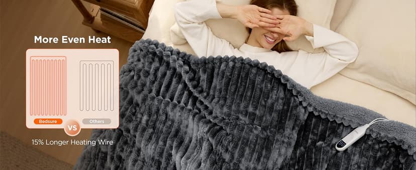 Preheat Function, 6 Heat & 6 Timer (Up to 10H) Settings, 8H Auto Shut Off, ETL & FCC, Gifts for Men Senior, Cozy Room Decor Bedsure Thick Heated Blanket Electric Throw, Fast Heating, Grey 50"x60" B0BZYX45MR