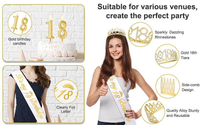18th Birthday Decorations for Girls with 18th Birthday Sash White and Tiara Gold, Number Candles Gold, 18 Year Old Girl Gifts