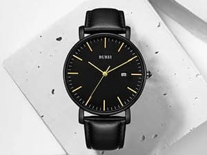 BUREI Men Watches Brown Leather Fashion Minimalist Wrist Watch Simple Ultra Thin Waterproof Quartz Watches All Black Stainless Steel Mesh Band,Gift for Men Women