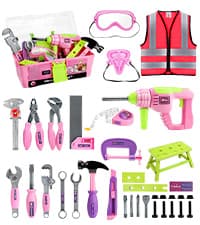 Deejoy Tool Set with Tool Box & Electronic Toy Drill, Pretend Play Kids Construction Kits for Kids Ages 3-5 Years Old, Toddler Boy Toys(Orange)