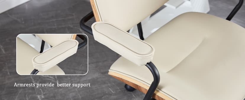 BV BONNE VIE Mid Century Walnut Office Chair with Arms, Adjustable Swivel Desk Chair, Leather Computer Chair with Rolling Wheels for Home Office or Study Room, Black