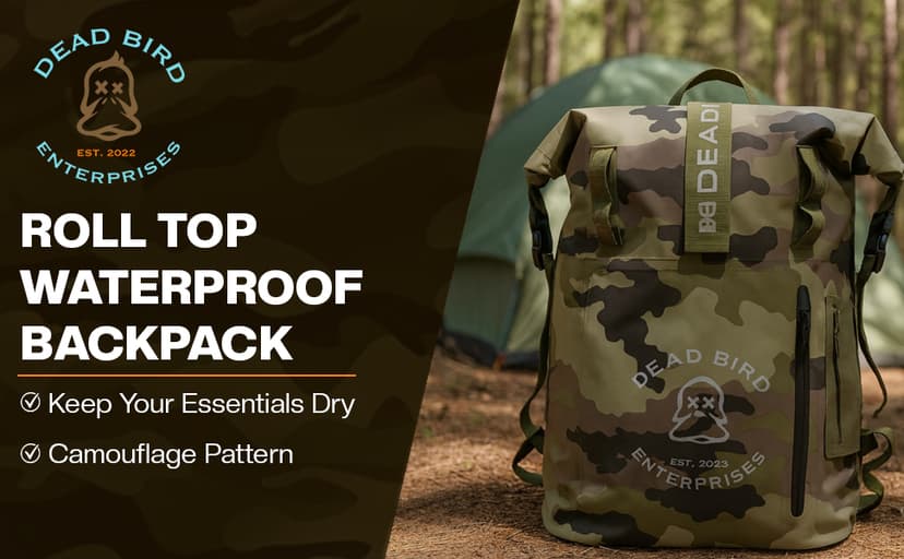 Dead Bird Enterprises Roll Top Waterproof Backpack, 25L Camouflage Pattern Dry Bag with MOLLE Loops and Adjustable Straps, WaterTight Duck Hunting Backpack for Camping, Hiking and Outdoor Travel