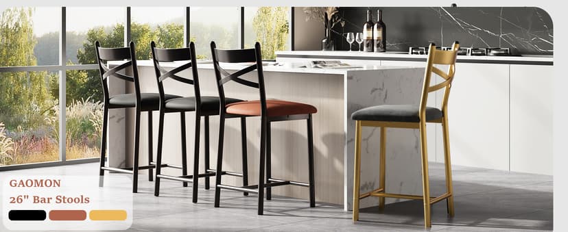 22" Bar Stools Set of 4, Counter Height Bar Stools with PU Upholstered Seat, Metal Frame Kitchen Bar Chairs with X-Design Back and Footrest for Kitchen Island, Counter Bar, Dining Room, Black