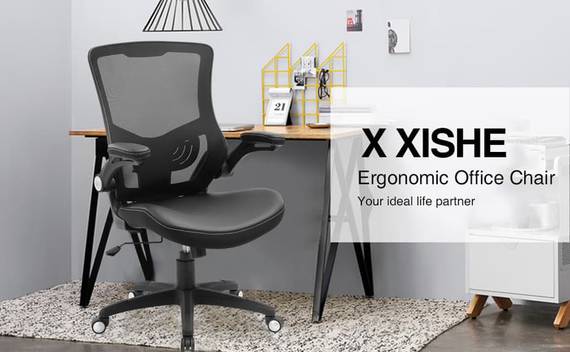 Office Chair Ergonomic Desk Chair, Computer PU Leather Home Office Chair, Swivel Mesh Back Adjustable Lumbar Support Flip-up Arms Executive Task Chair
