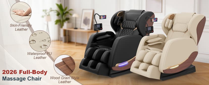 2026 Massage Chair, Massage Chairs Full Body and Recliner with 10 Fixed Points, Zero Gravity, Wood Grain Leather, Foot Massage, Airbags, Lumbar Heating, Bluetooth and Control Screen (Ivory White)