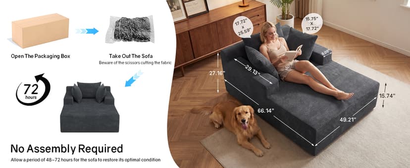 66" Chaise Lounge Chair Indoor, Oversized Boneless Lounge Chair with 3 Pillows, Corduroy Cloud Reading Chair for Living Room Bedroom, Deep Seat Sleeper Couch, No Assembly Required