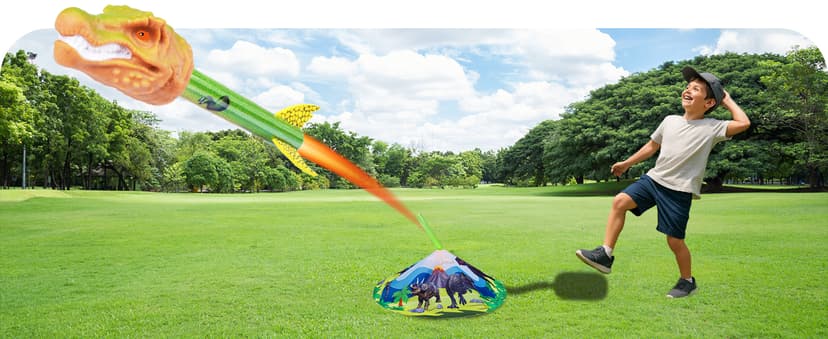 Dinosaur Toy Rocket Launcher for Kids - Launch Up to 100 Ft, 4 Rockets, Outdoor Outside Toys for Kids, Dinosaur Toys, Birthday Gifts for 3 4 5 6 7 8-12 Year Old Boys Girls