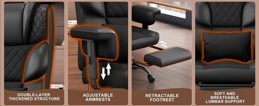 Vonesse Big and Tall Office Chair, Desk Chair with Soft Adjustable Armrests, Ergonomic High Back Gaming Chair with Lumbar Support, Executive Computer Chairs with Footrest (PU Leather, Black)