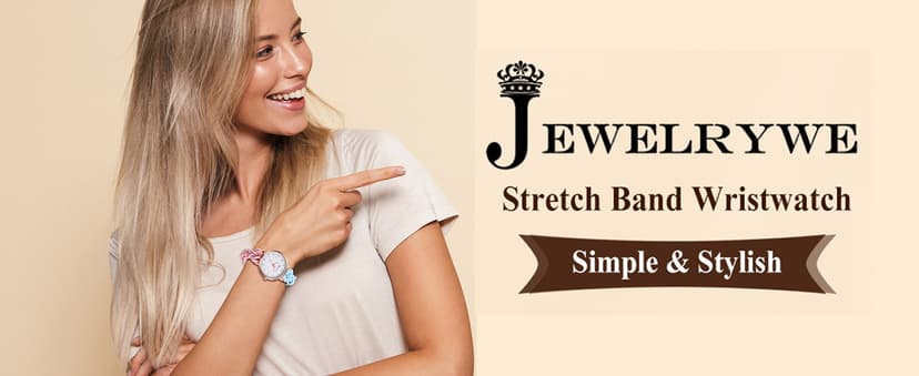 JewelryWe Womens Stretch Band Watches: Analog Quartz Elastic Watch Colorful Weave Rope Expansion Band Wristwatch for Valentine's Day