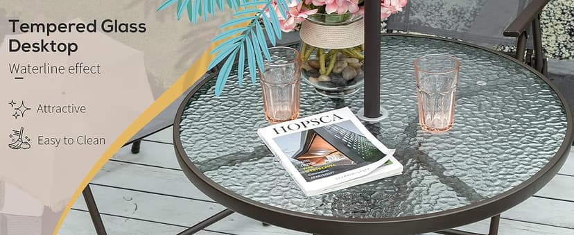 Outsunny 6 Piece Patio Dining Set for 4 with Umbrella, Outdoor Table and Chairs with 4 Folding Dining Chairs & Round Glass Table for Garden, Backyard and Poolside, Black and Coffee