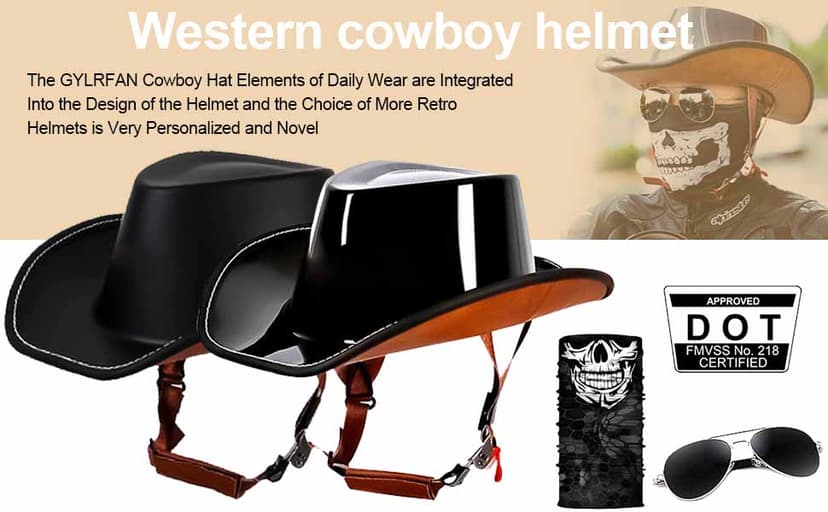 Retro Motorcycle Half Helmet, Western Cowboy Hat Helmet Open Face Motorcycle Helmet DOT Approved Unisex-Adult Half Helmet with Quick Release Buckle and Lining for Mopeds Horse Riding Jazz Caps