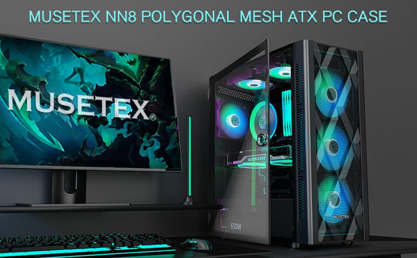 MUSETEX ATX PC Case Pre-Install 6 PWM ARGB Fans, Polygonal Mesh Computer Gaming Case, Opening Tempered Glass Side Panel Mid-Tower Case, USB 3.0 x 2, Black, NN8