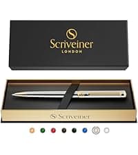 Scriveiner Silver Chrome Ballpoint Pen - Stunning Luxury Pen, Real Gold Plating, Schmidt Black Refill, Best Ball Pen Gift Set for Men & Women, Professional, Executive, Office, Nice, Fancy Pens