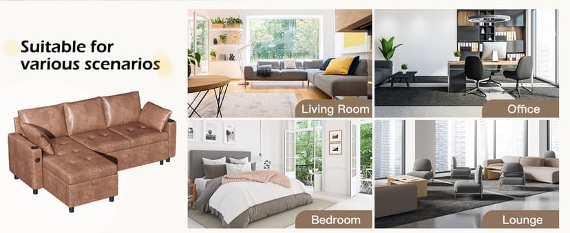 JFHID Leather Sleeper Sofa Couch with Pullout Bed, 80'' Sofa Bed Pull Out Couch with Reversible Storage Chaise, Sectional Couches with USB Charging Ports&Cup Holders for Living Room, Brown