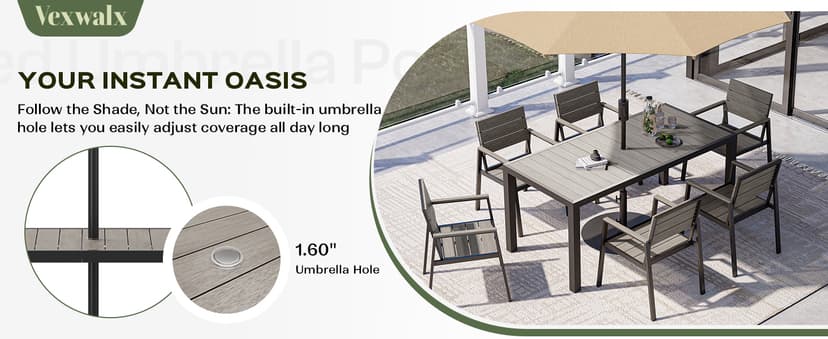 Vexwalx 7-Piece Outdoor Dining Set, Aluminum Dining Table Set for 6, Patio Table and Chairs Set with Umbrella Hole, All Weather HDPS Outdoor Table and Chairs for 6 (Gray-Teak)