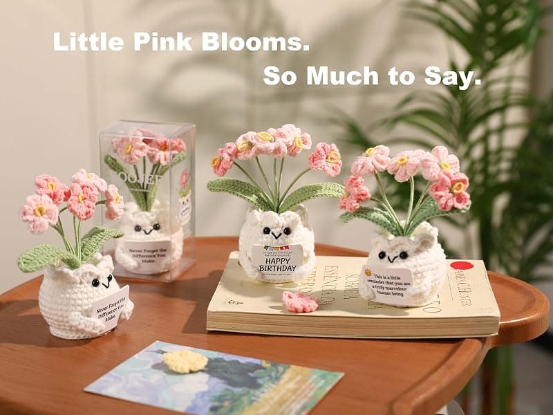 Christmas, Thank You & Encouragement Gifts for Women, Boss, Her, Friend, Sister & Bestie, Stocking Stuffers, 4.7 x 2.4 in Crochet Forget Me Not Flower Pot, Inspirational & Unique Gifts for Women B0GM8H2G47
