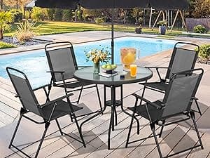 Vongrasig 6 Piece Folding Patio Dining Set,Small Metal Outdoor Garden Patio Table and Chair Set w/Umbrella for Lawn,Deck,Backyard,Black