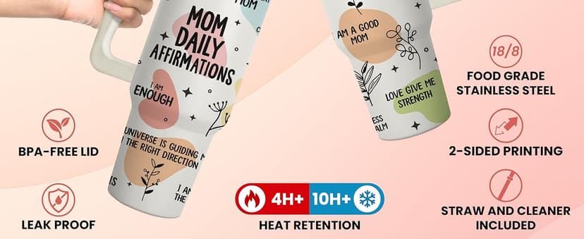 Mom Daily Affirmations Tumbler 40Oz – Gifts for Mom's Birthday, Mother's Day, Expecting Moms Present, Momma Gifts from Daughters, Sons, Kids, Inspirational Mama Mug, Mommy Coffee Cup