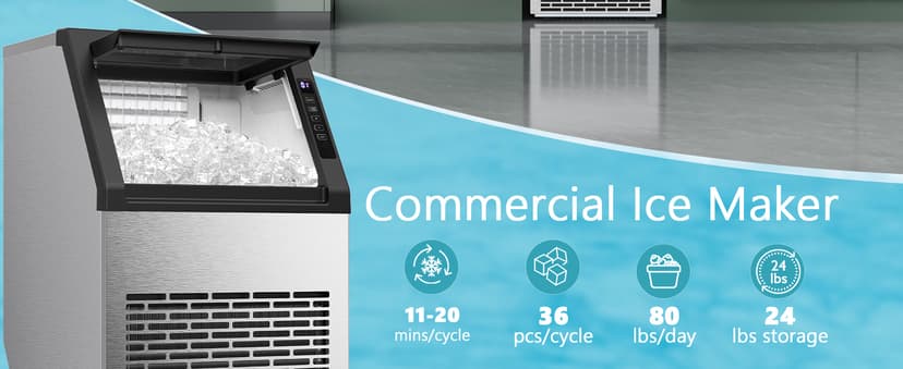 Commercial Ice Maker Machine, 80Lbs/24H Under Counter Ice Maker, Freestanding with Ice Thickness Control & Stainless Steel, 36 Cubes in 15 Mins, 28Lbs Storage Capacity, for Home, Bar, Cafe, Offices