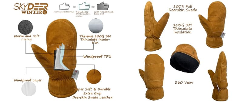 SKYDEER Premium Full Deerskin Suede Leather Soft Winter Mittens, Extra Warm 100G 3M Thinsulate, Thermal Insulated (SD3671M)