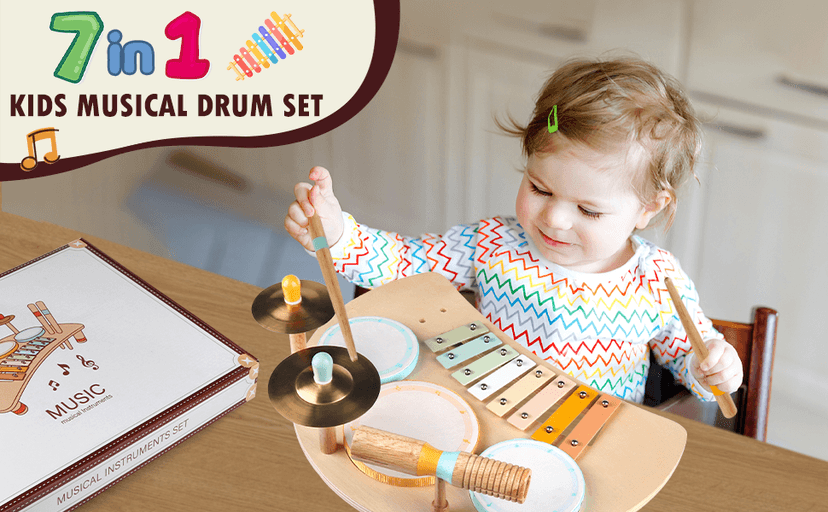 Toddlers Drum Set Toys for Toddlers 1-3,Baby Drum with Xylophone,Musical Instruments Toy, Kids Wooden Montessori Toys Birthday Gift for Boys Girls