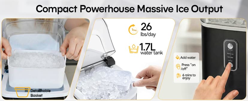 NEWBULIG Nugget Ice Makers Countertop, Portable Nugget Ice Machine, Ready in 6 Mins, 24lbs in 24Hrs, Auto-Cleaning, with Basket and Scoop, for Home, Kitchen, RV, Camping, Black