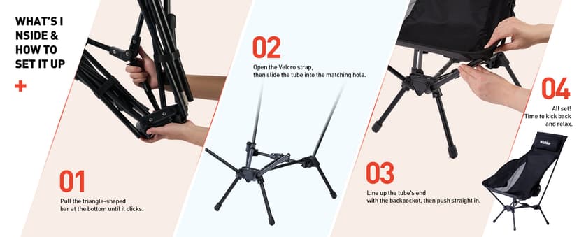 Wildhiker Portable Compact Folding Camping Chairs – Lightweight High Back with Pillow, Deep Recline, ArmPads, Side Pockets-for Motorcycle, RV, Backpacking, Travel, Festival – Black