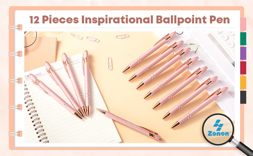 Rose Gold Funny Pens with Stylus Tip & Sayings for Back to School Essentials Home, Office, Teacher Supplies Zonon 12 Pcs Inspirational Pens, Motivational Ballpoint Pen Gifts for Women B0B4T388TH