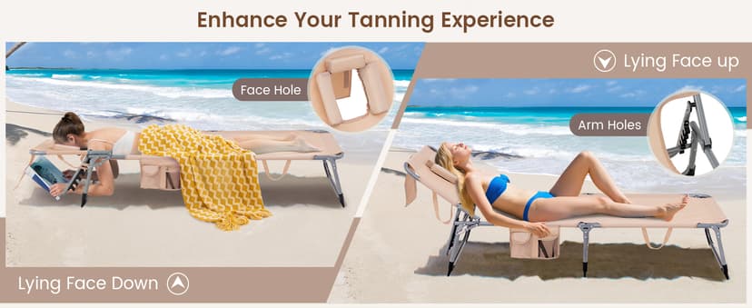 COSTWAY Tanning Chair with Face Hole, Folding Beach Lounge Chair with 4-Position Adjustable Backrest, Pillow & Side Pocket, Foldable Chaise Lounge Chair Outdoor for Sunbathing, Camping (1, Beige)