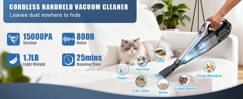 SAKOLD Car Vacuum Handheld Vacuum Cordless with Powerful Suction, Type-C Charge, 2 Suction Modes, 6-in-1 Portable Mini Vacuum for Home, Car, Office Desk, Keyboards